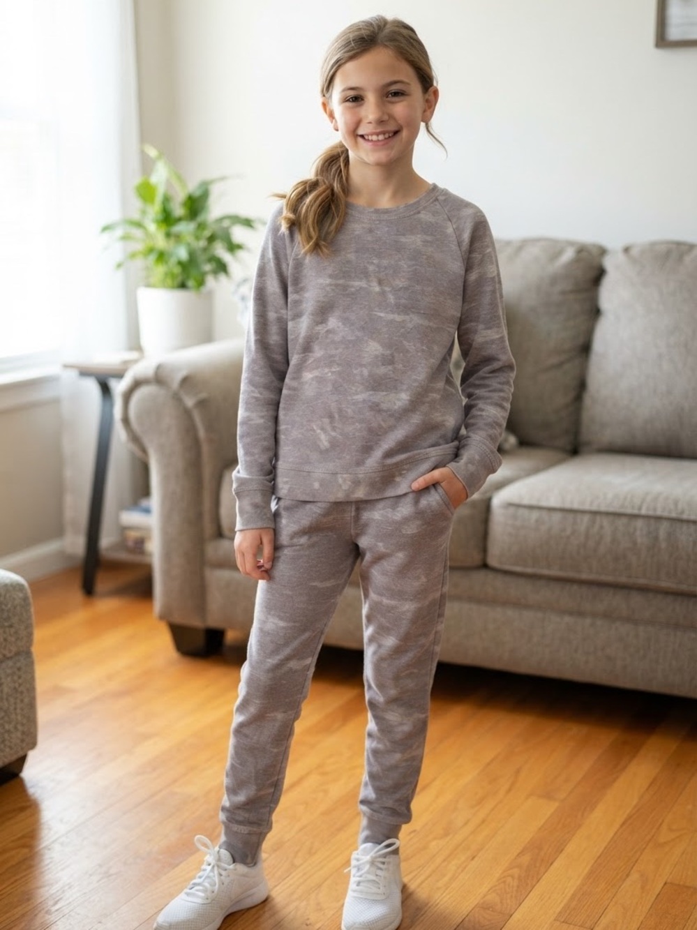 Athleta Girls **set** of sweatpants and top with light gray camo design